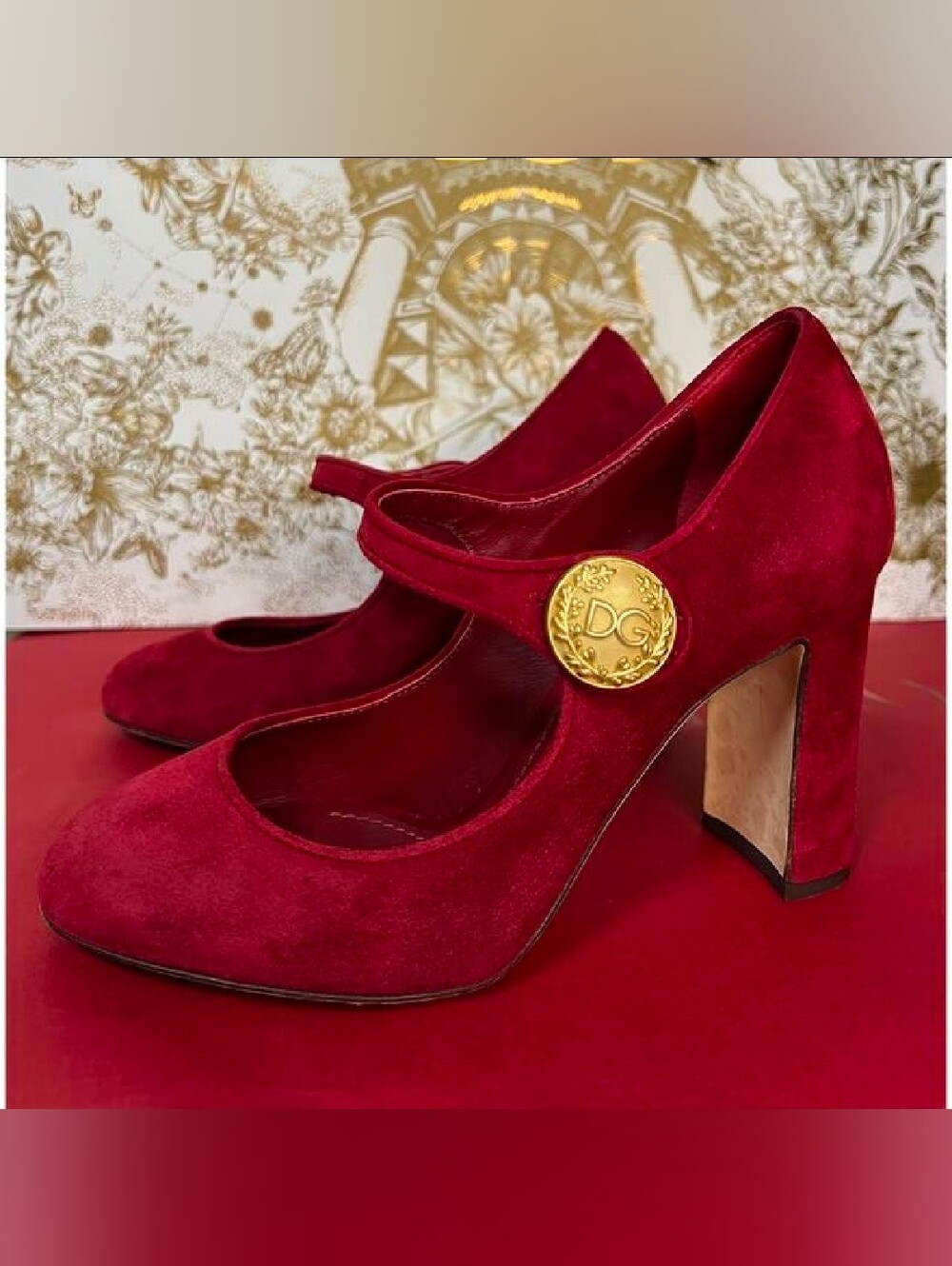 Dolce & Gabbana Red Suede Mary Jane Pumps with Gold DG Medallion
